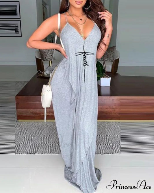 Sexy Sleeveless V Neck Comfortable Spaghetti Strap Dress gray / S