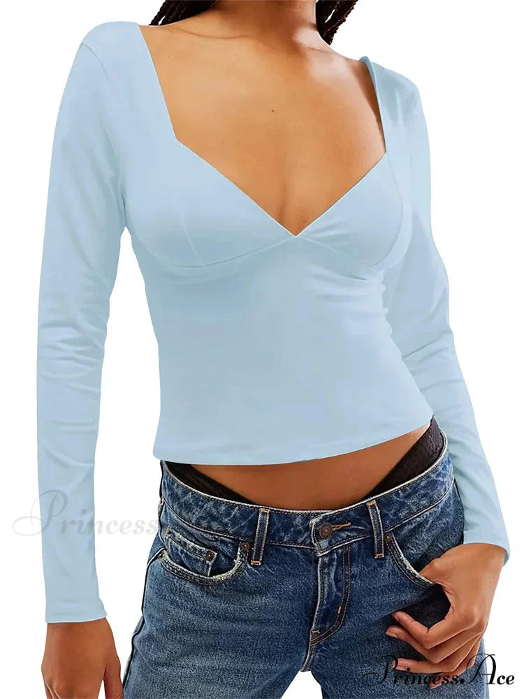 Sexy Slim Fit Deep V-neck Side Split Backless T-Shirts BLUE / S