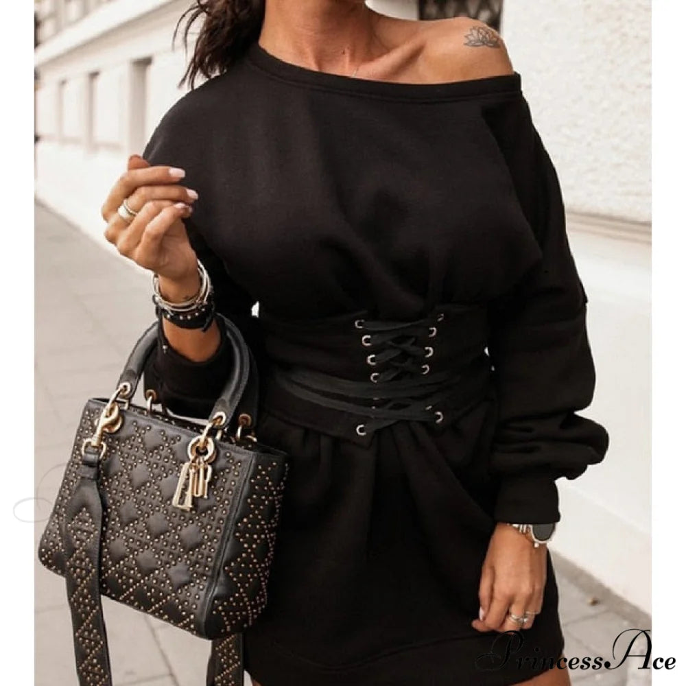 Sexy Slim High Waist Lace Up Mini Dress Black / S