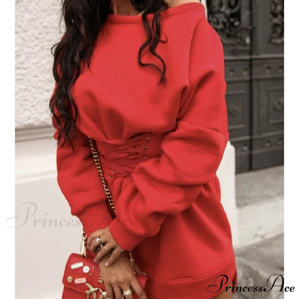 Sexy Slim High Waist Lace Up Mini Dress Red / S