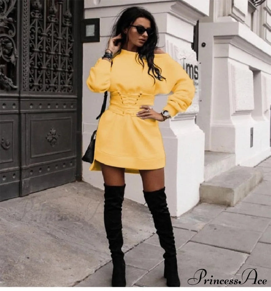 Sexy Slim High Waist Lace Up Mini Dress Yellow / S