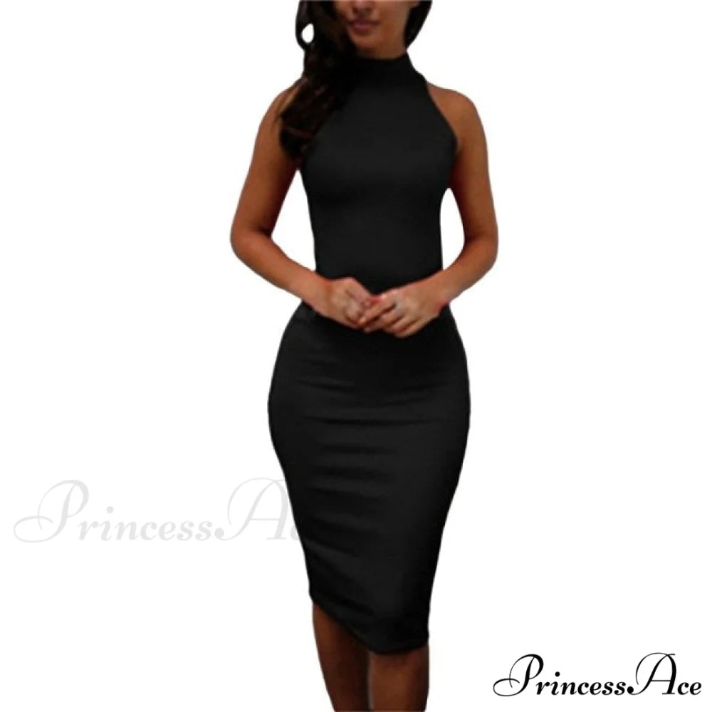 Sexy Slim Party Short Sleeve O-neck Midi Dress Black-1 / S