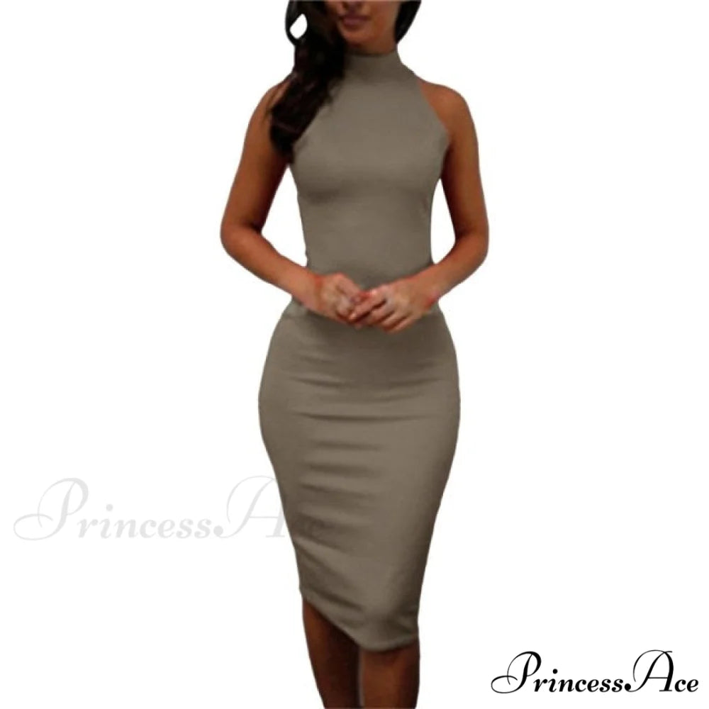 Sexy Slim Party Short Sleeve O-neck Midi Dress Khaki -1 / S