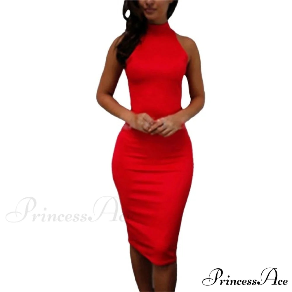 Sexy Slim Party Short Sleeve O-neck Midi Dress RED-1 / S