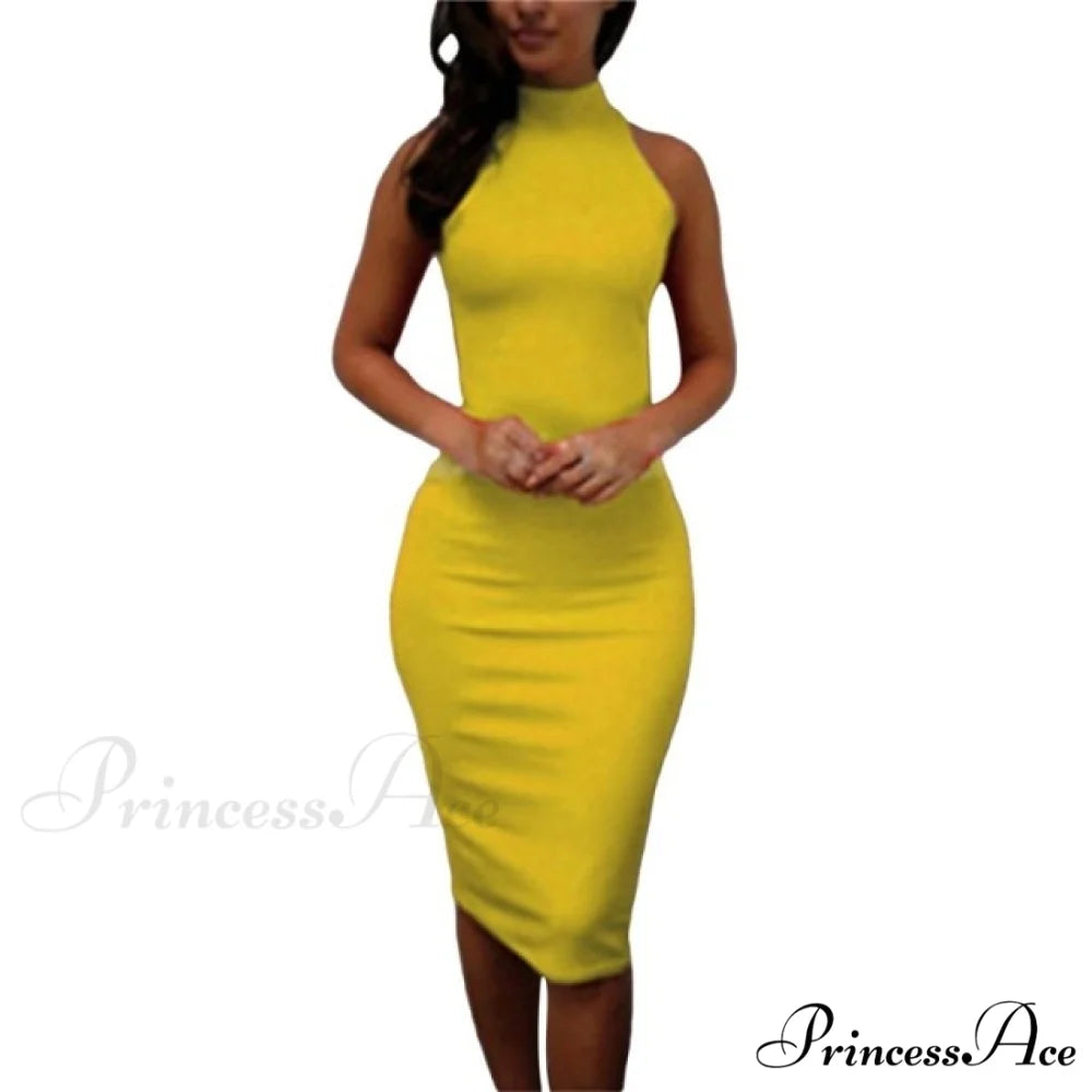 Sexy Slim Party Short Sleeve O-neck Midi Dress Yellow-1 / S