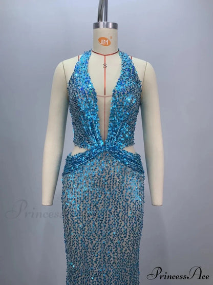 Sexy Sling Deep V-Neck Sequins Long Dress Hollow Out Slim Christmas Party Dress