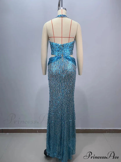 Sexy Sling Deep V-Neck Sequins Long Dress Hollow Out Slim Christmas Party Dress