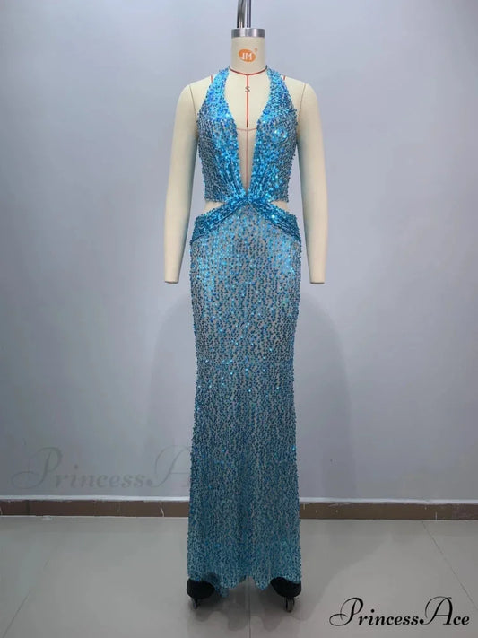 Sexy Sling Deep V-Neck Sequins Long Dress Hollow Out Slim Christmas Party Dress Blue / S