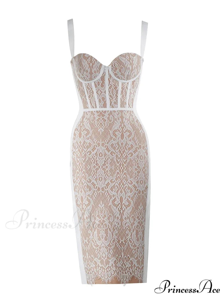 Sexy Sling Square Collar Lace Bandage Sleeveless White Midi Christmas Party Dress WHITE / XS