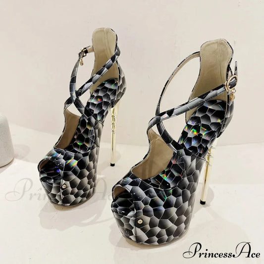 Sexy Snake-Print Platform Buckle-Strap Peep-Toe 17CM Sexy Banquet Ladies High Heel Black / 35