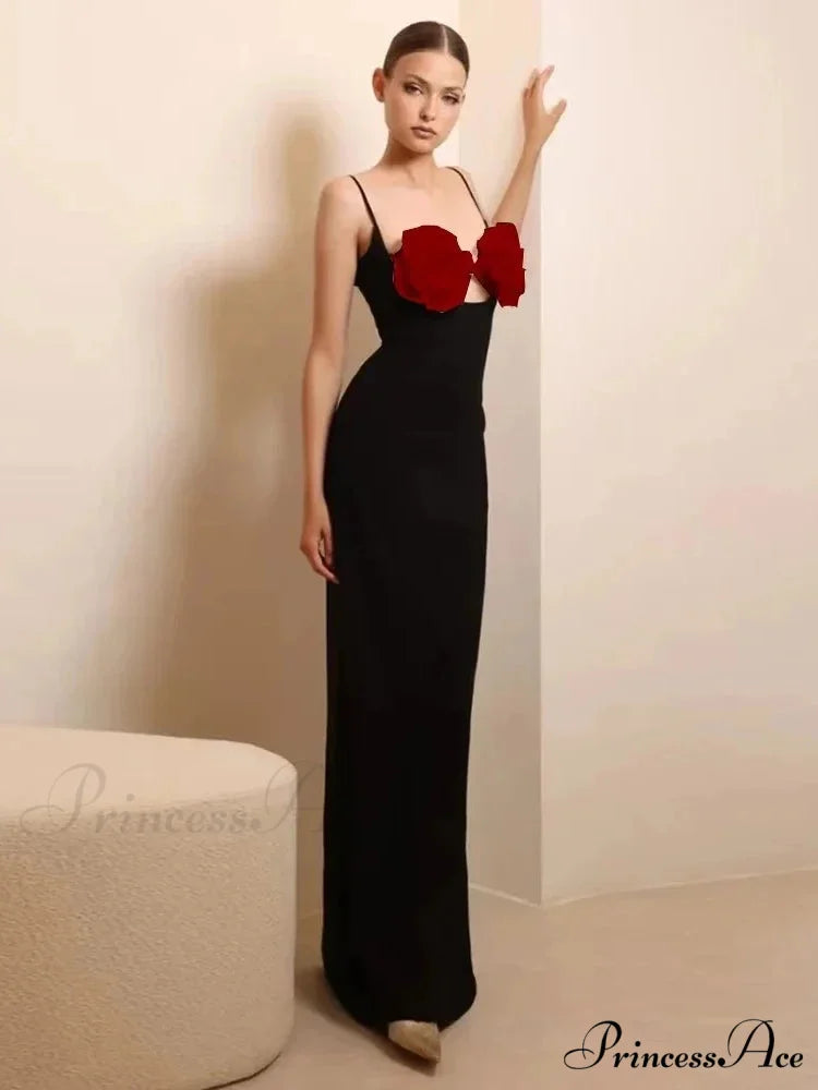 Sexy Spaghetti Strap 3D Flower Bandage Maxi Black Sleeveless Christmas Party Dress RED / S