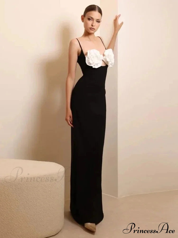 Sexy Spaghetti Strap 3D Flower Bandage Maxi Black Sleeveless Christmas Party Dress WHITE / S