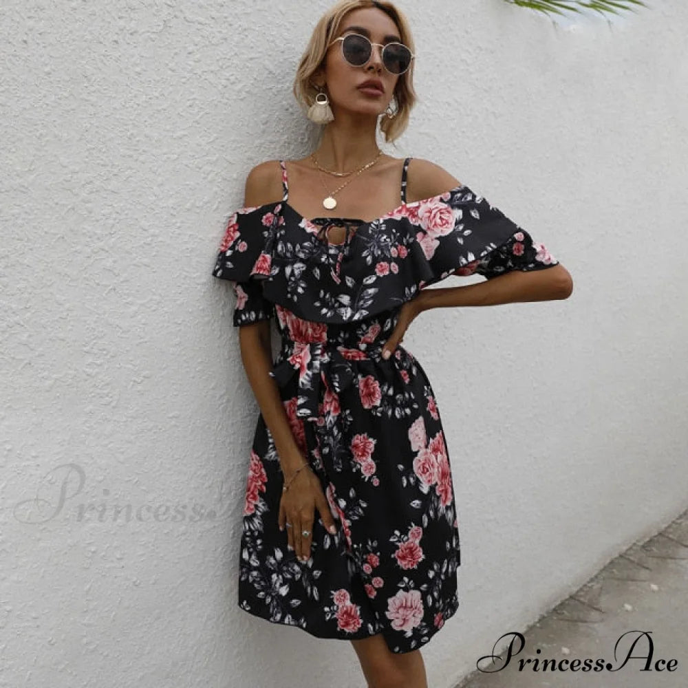 Sexy Spaghetti Strap Floral Print Mini Dress Black / S