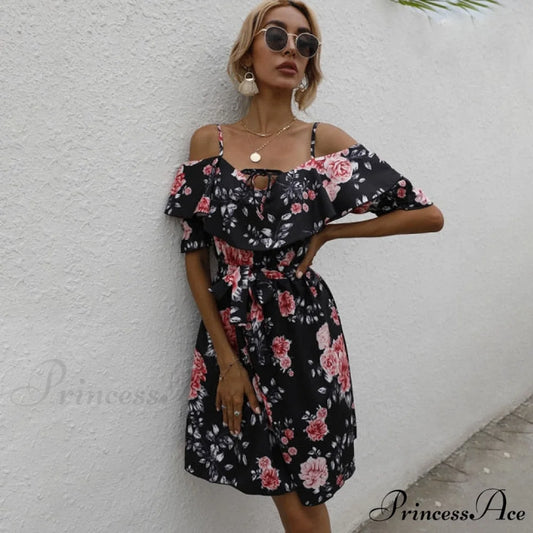 Sexy Spaghetti Strap Floral Print Mini Dress Black / S