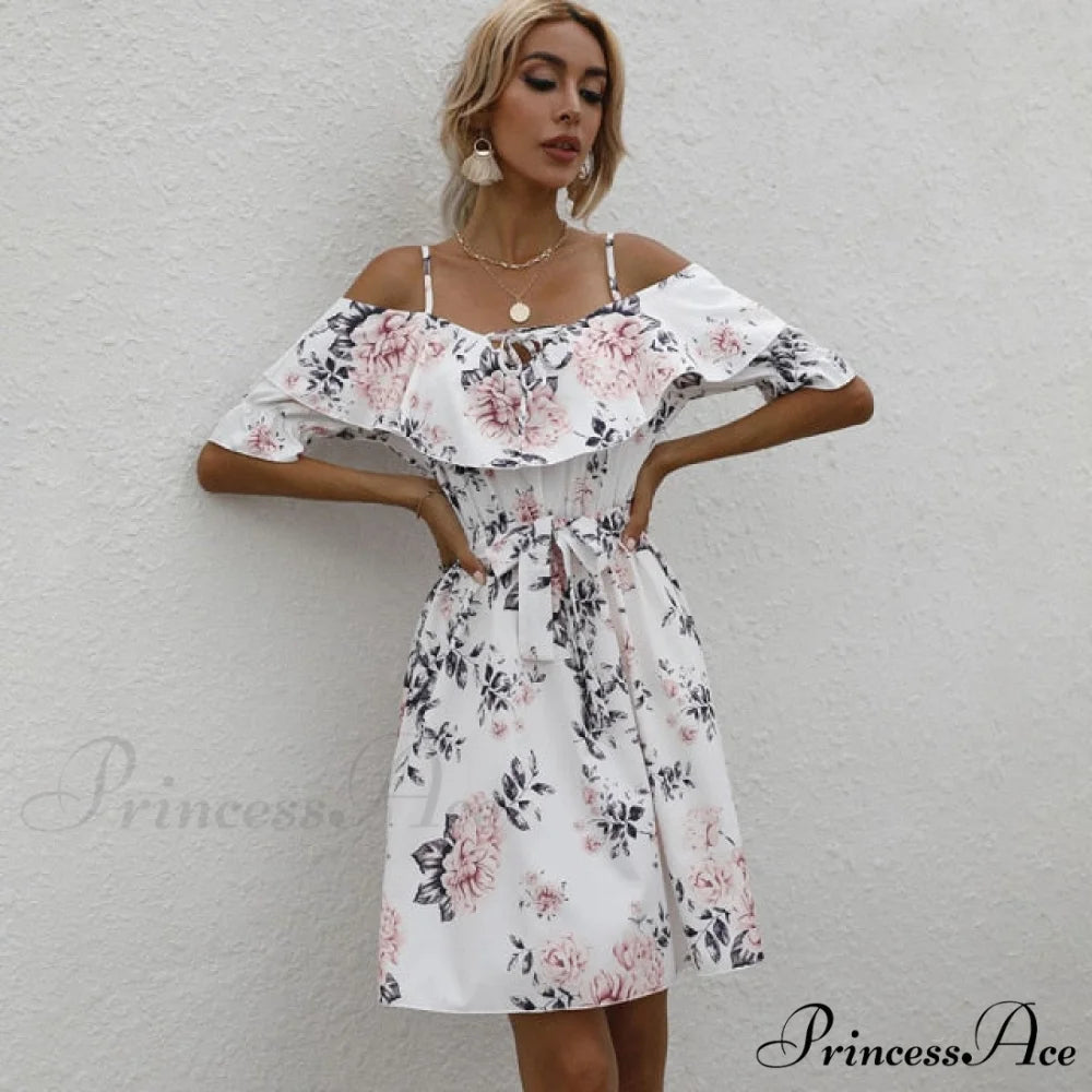 Sexy Spaghetti Strap Floral Print Mini Dress white / S