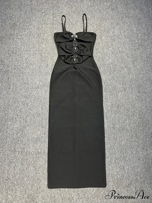 Sexy Spaghetti Strap Hollow Out Bandage Black Green Sleeveless Christmas Party Dress Black / S