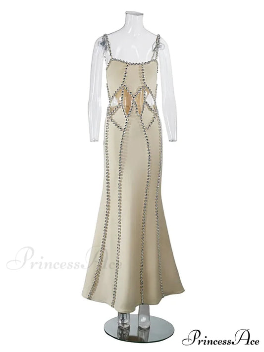 Sexy Spaghetti Strap Hollow Out Crystal Bandage Dress Sleeveless Christmas Party Dress Beige / S