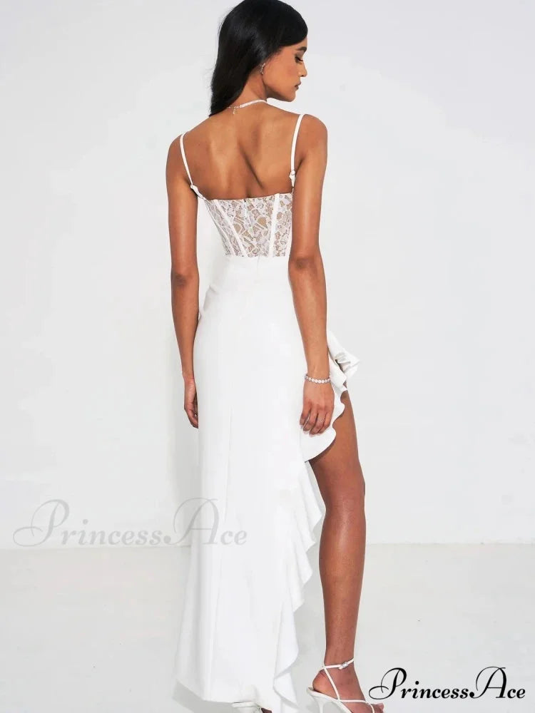 Sexy Spaghetti Strap Lace Patchwork Long Dress Sleeveless Ruffles Christmas Party Dress