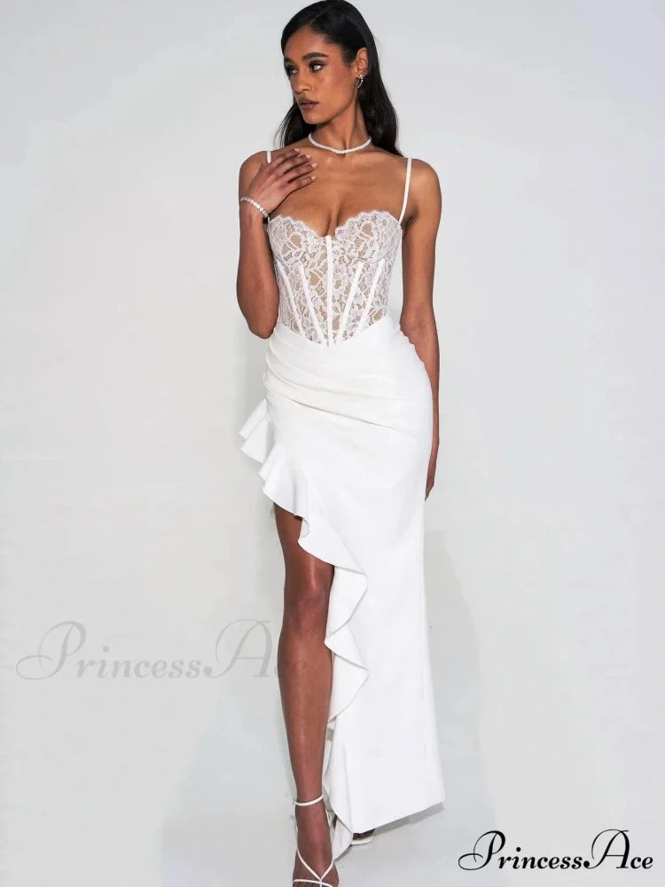 Sexy Spaghetti Strap Lace Patchwork Long Dress Sleeveless Ruffles Christmas Party Dress WHITE / S