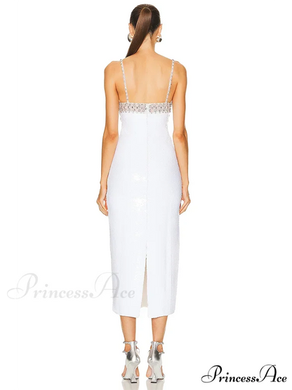 Sexy Spaghetti Strap Luxury Diamond Sequin Dress White Backless Midi Christmas Party Dress