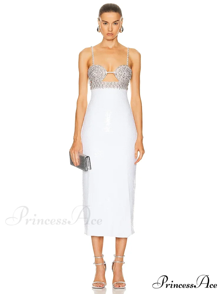 Sexy Spaghetti Strap Luxury Diamond Sequin Dress White Backless Midi Christmas Party Dress