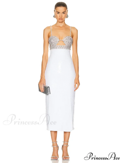 Sexy Spaghetti Strap Luxury Diamond Sequin Dress White Backless Midi Christmas Party Dress