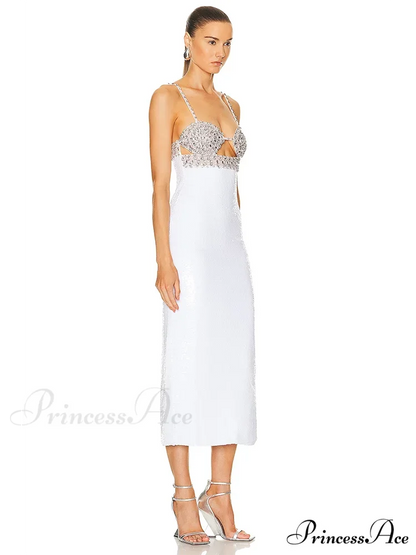 Sexy Spaghetti Strap Luxury Diamond Sequin Dress White Backless Midi Christmas Party Dress