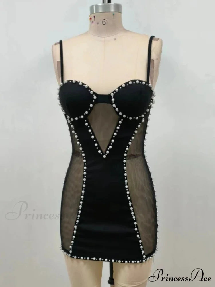 Sexy Spaghetti Strap Mesh Patchwork Pearl Mini Black Sleeveless Christmas Party Dress Black / XS