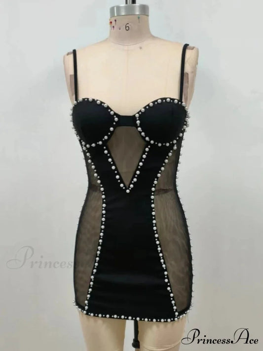 Sexy Spaghetti Strap Mesh Patchwork Pearl Mini Black Sleeveless Christmas Party Dress Black / XS