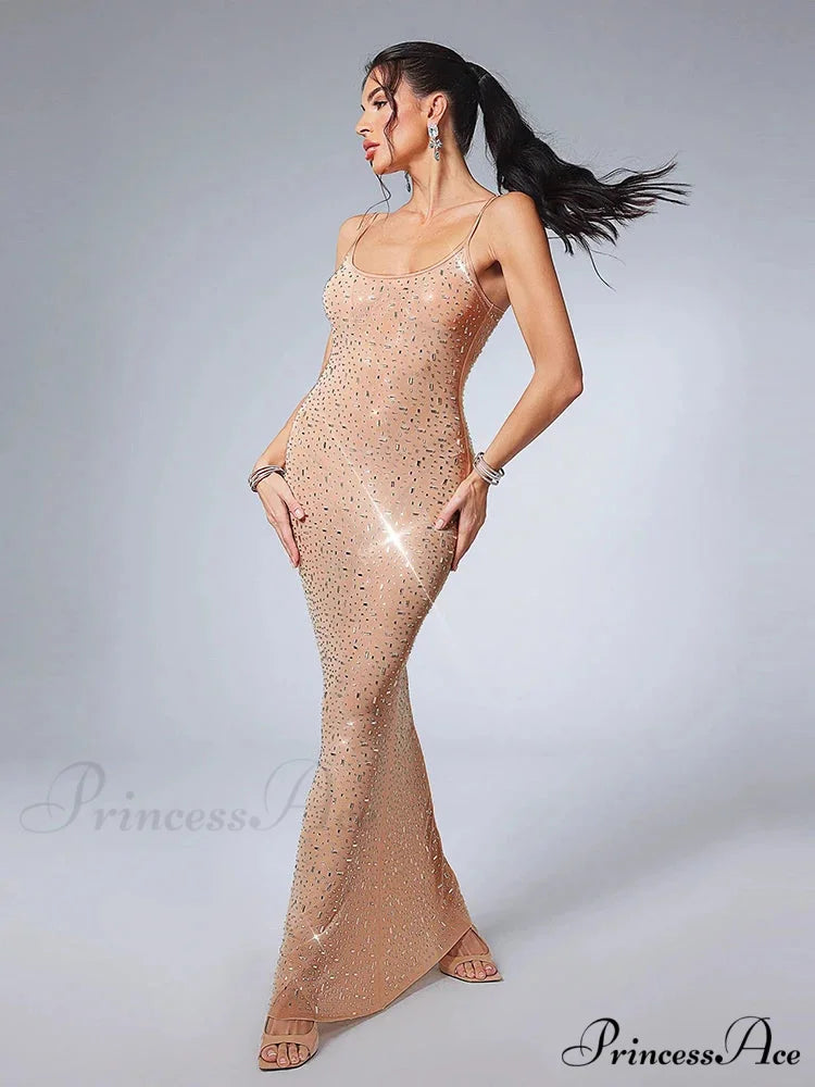 Sexy Spaghetti Strap Perspective Luxury Diamond Sleeveless See Through Christmas Party Dress gold / S