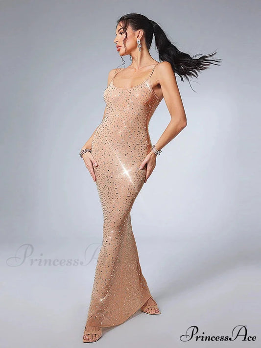 Sexy Spaghetti Strap Perspective Luxury Diamond Sleeveless See Through Christmas Party Dress gold / S