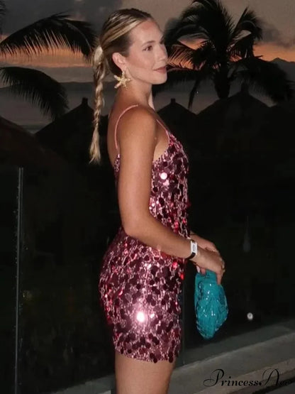 Sexy Spaghetti Strap Shiny Sequins Mini Dress Women Pink Christmas Party Dress