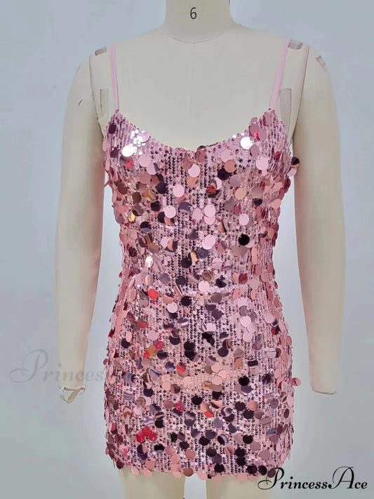 Sexy Spaghetti Strap Shiny Sequins Mini Dress Women Pink Christmas Party Dress Pink / XS