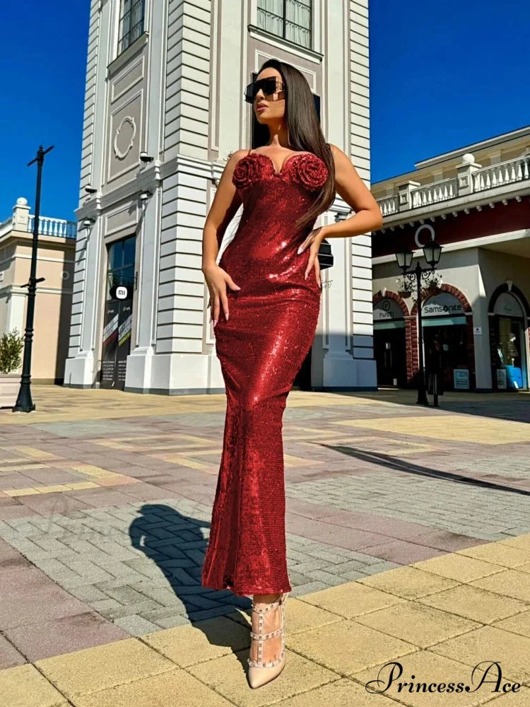 Sexy Spaghetti Straps Glitter Sequins Maxi Red Christmas Cocktail Christmas Party Dress