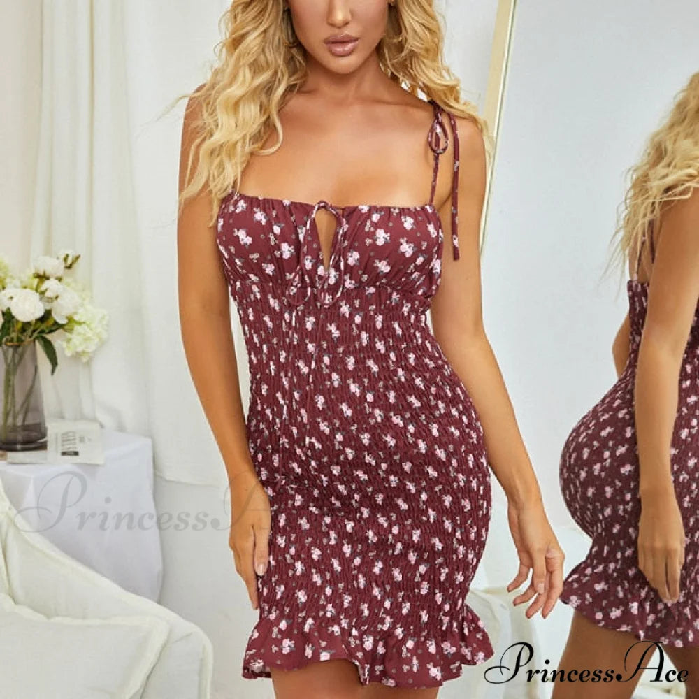 Sexy Spaghetti Straps Pleated Ruched Dresses Wine / XL