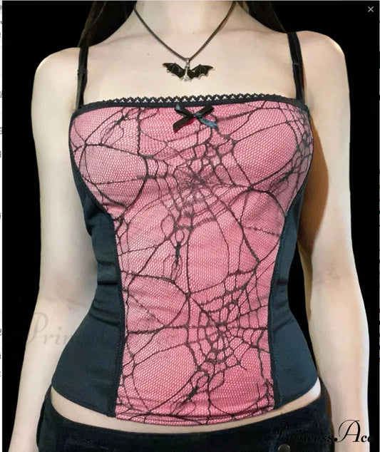 Sexy Spider Web Lace Patchwork Gothic Punk Sleeveless Square Collar Trendy Stylish Crop Top Pink / S