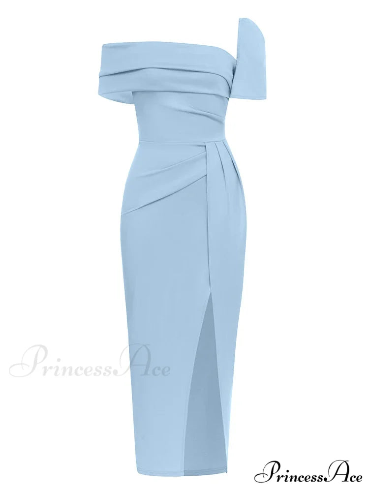 Sexy Square Collar Folds Design Long Dress Short Sleeves Christmas Party Dress blue / S