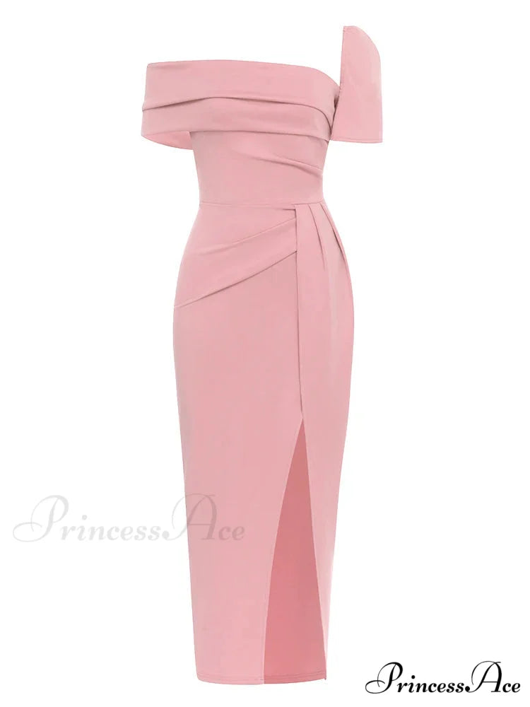Sexy Square Collar Folds Design Long Dress Short Sleeves Christmas Party Dress pink / S