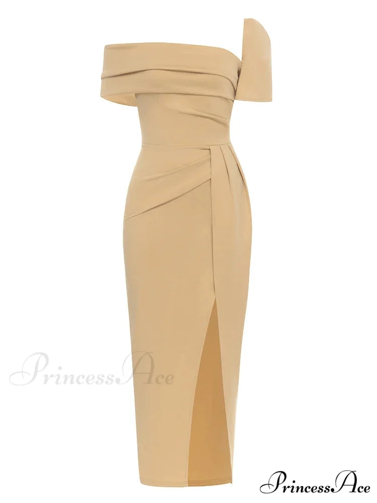 Sexy Square Collar Folds Design Long Dress Short Sleeves Christmas Party Dress yellow / S