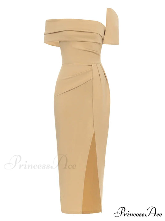 Sexy Square Collar Folds Design Long Dress Short Sleeves Christmas Party Dress yellow / S