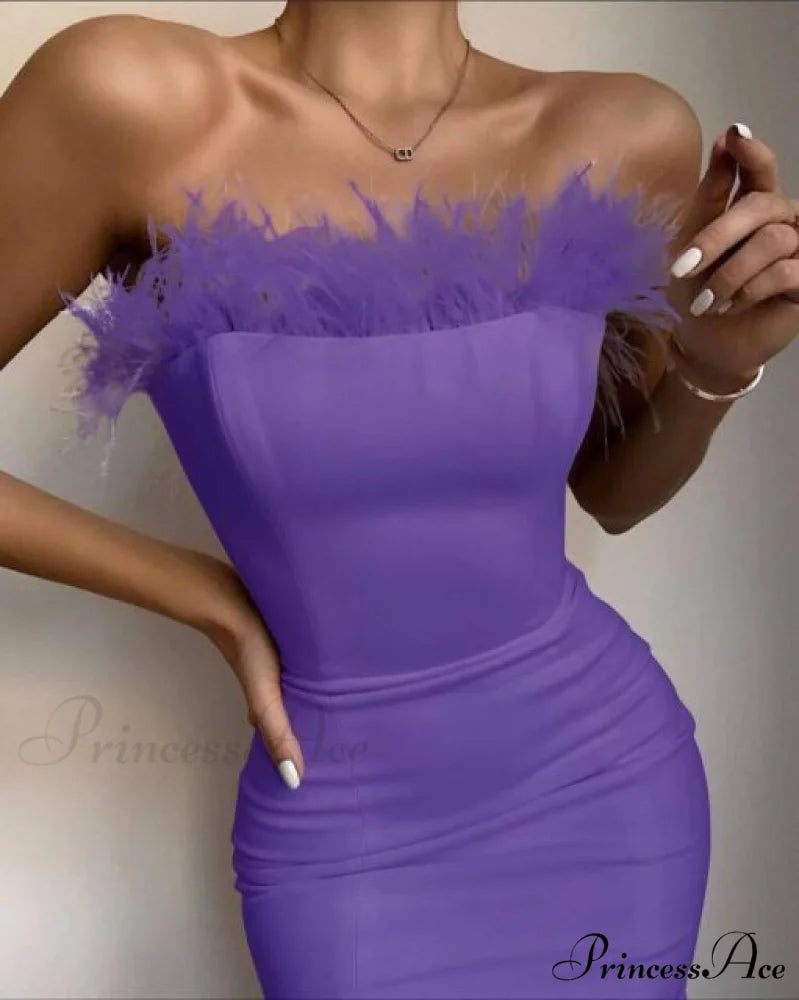 Sexy Strapless Backless Feather Black Midi Dress Lavender / XS