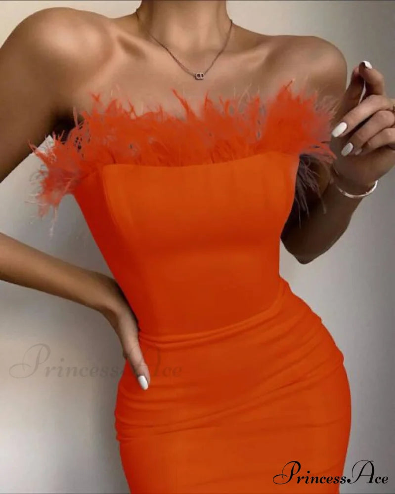 Sexy Strapless Backless Feather Black Midi Dress Orange / XS