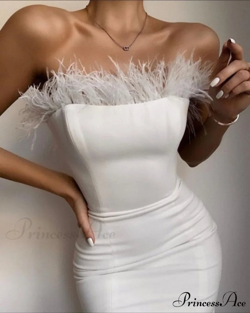 Sexy Strapless Backless Feather Black Midi Dress white / XS