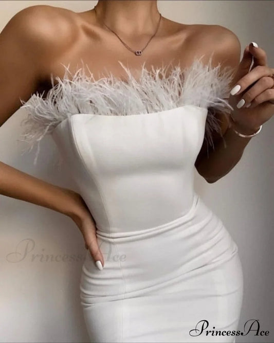Sexy Strapless Backless Feather Black Midi Dress white / XS