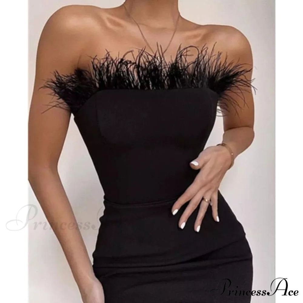 Sexy Strapless Backless Feather Black Midi Dress black / XS