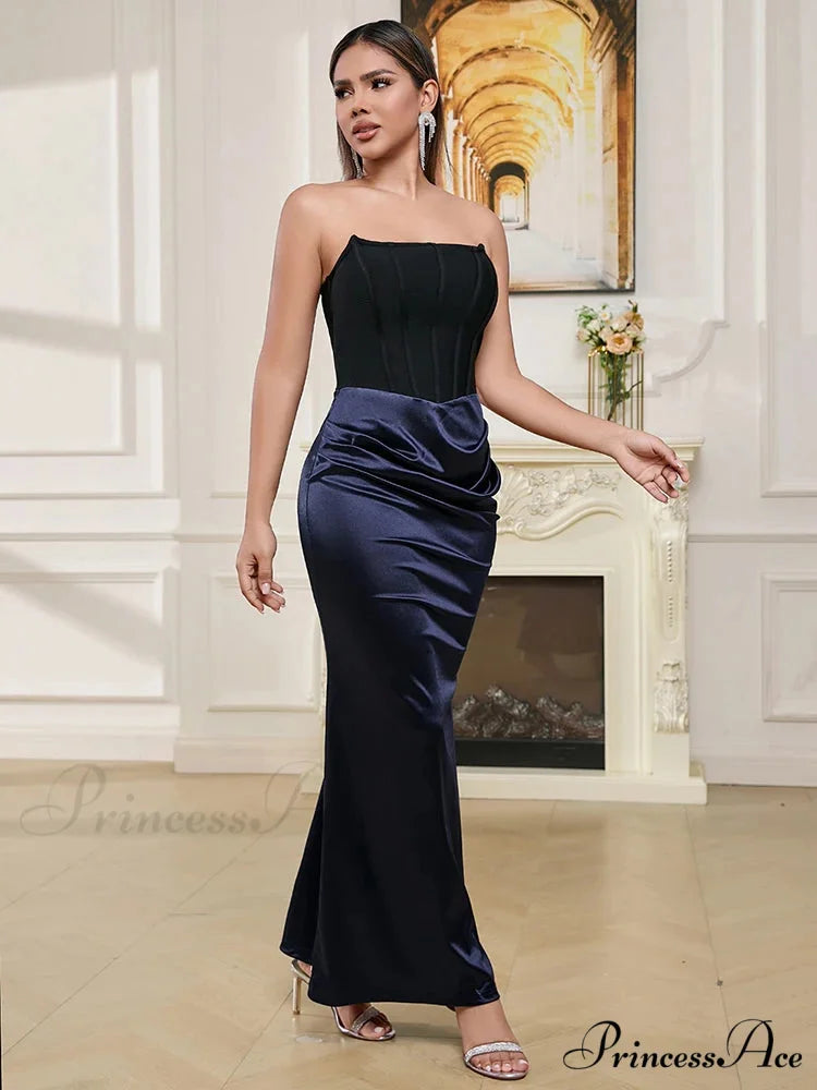 Sexy Strapless Bandage Patchwork Long Black Blue Sleeveless Christmas Party Dress