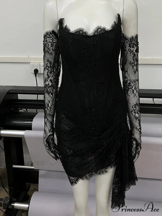 Sexy Strapless Corset Lace Mini Dress Asymmetrical Draped Celebrity Cocktail Christmas Party Dress BLACK / S
