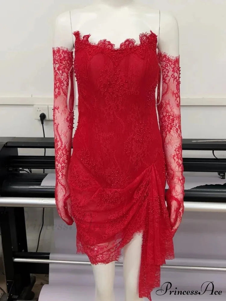 Sexy Strapless Corset Lace Mini Dress Asymmetrical Draped Celebrity Cocktail Christmas Party Dress RED / S