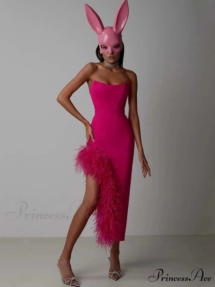 Sexy Strapless Feathers Midi Bandage Black White Backless Christmas Party Dress Rose Red / S