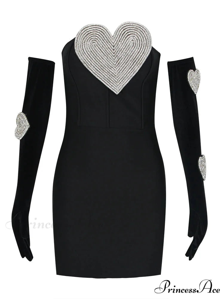 Sexy Strapless Heart Diamonds Bandage Gloves Black Backless Bodycon Christmas Party Dress Black / S